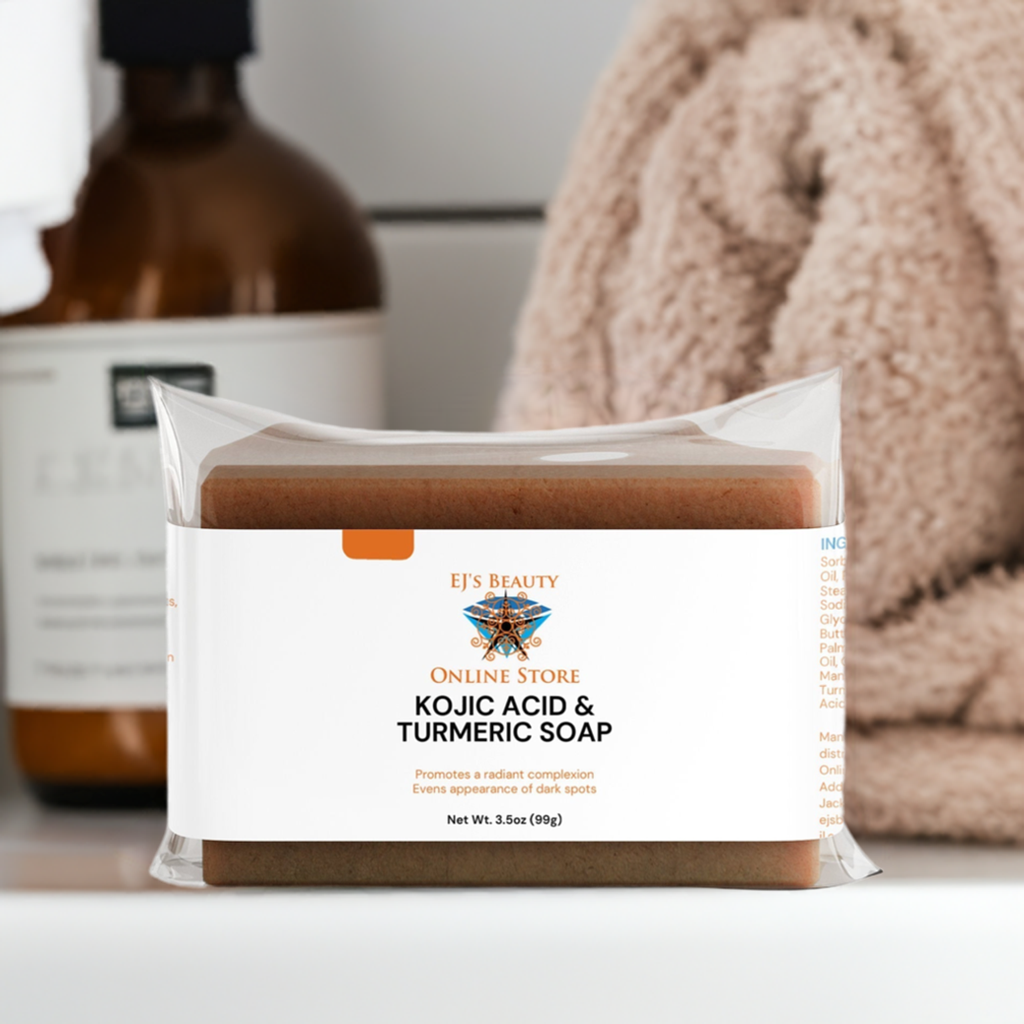 Kojic Acid & Turmeric Soap in front of towels